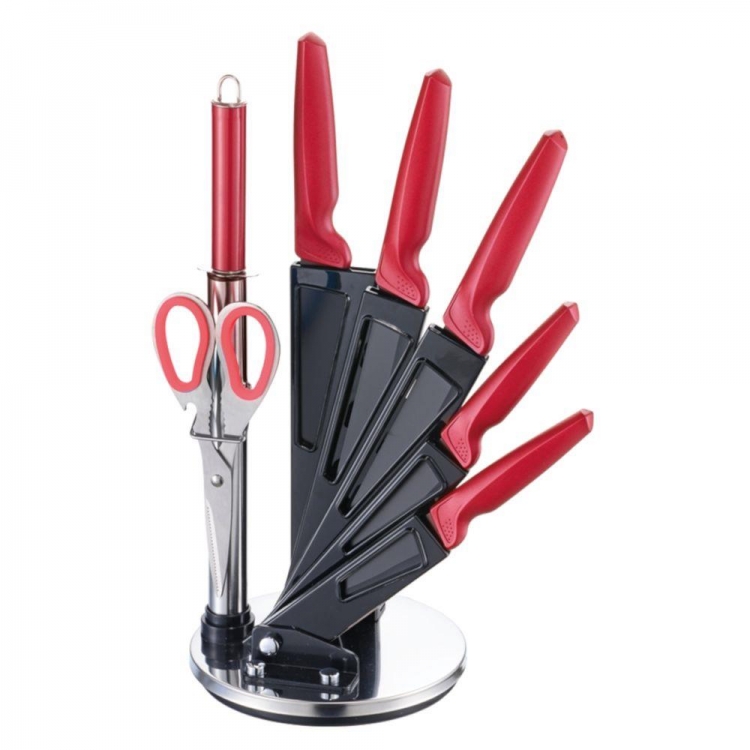 ΒΑΣΗ ΜΑΧΑΙΡΙΩΝ ΑΚΡΥΛΙΚΗ ΚΟΚΚΙΝΗ ΜΕ 5 ΜΑΧΑΙΡΙΑ & ΑΚΟΝΙΣΤΉΡΙ & ΨΑΛΊΔΙ MICHELINO Inox