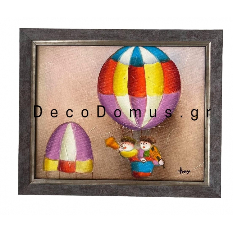 ΠΙΝΑΚΑΣ ΖΩΓΡΑΦΙΚΗΣ ΕΛΑΙΟΓΡΑΦΙΑ ME ΕΝΤΟΝΑ ΧΡΩΜΑΤΑ `` ΑΕΡΟΣΤΑΤΑ & ΜΟΥΣΙΚΟΙ`` ΜΕ ΞΥΛΙΝΗ ΓΚΡΙ ΚΟΡΝΙΖΑ ΚΑΙ ΑΣΗΜΙ ΡΙΓΑ Ξύλο 29*24