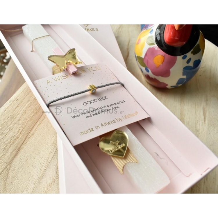 Χειροποίητη Αρωματική Λαμπάδα GOOD LUCK με βραχιόλι και ευχές ροζ κουτί Αρωματικό Κερί Μ0.025Π0.015Υ0.25