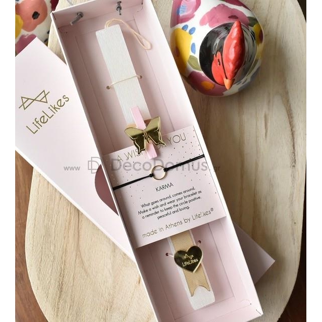 Χειροποίητη Αρωματική Λαμπάδα KARMA με βραχιόλι  KARMA και ευχές ροζ κουτί Αρωματικό Κερί Μ0.025Π0.015Υ0.25