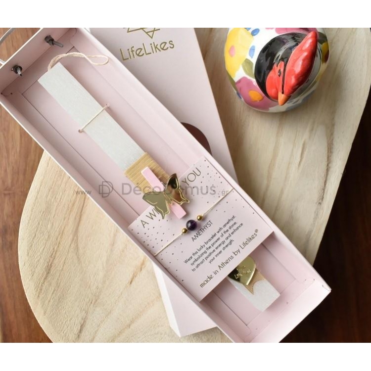 Χειροποίητη Αρωματική Λαμπάδα AMETHYST με βραχιόλι και ευχές ροζ κουτι Αρωματικό Κερί Μ0.025Π0.015Υ0.25