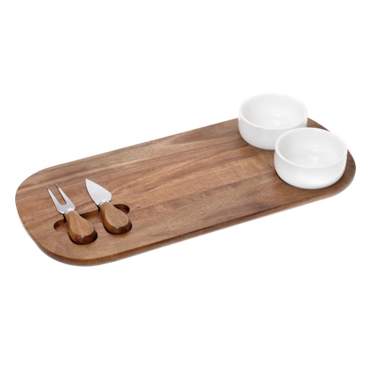 ΞΥΛΙΝΟ ΠΛΑΤΟ  GOURMET ΜΕ ΔΥΟ ΜΑΧΑΙΡΙΑ ΤΥΡΙΟΥ ΚΑΙ ΔΥΟ ΜΠΩΛ ΠΟΡΣΕΛΑΝΗΣ Πορσελάνη M0.44Π0.20Υ0.02