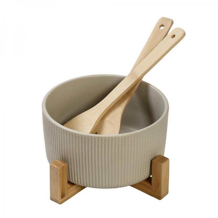 ΣΑΛΑΤΙΕΡΑ ΠΟΡΣΕΛANHΣ ΜΠΕΖ ΜΕ 2 ΞΥΛΙΝΕΣ ΚΟΥΤΑΛΕΣ ΚΑΙ ΞΥΛΙΝΗ ΒΑΣΗ 20Χ20Χ10ΕΚ Πορσελάνη Φ0.20*Υ0.10