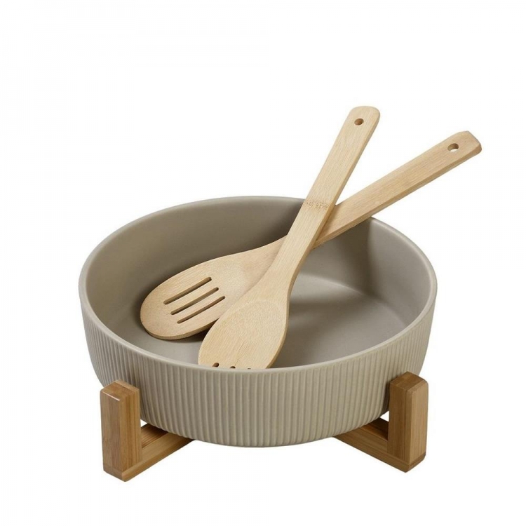 ΣΑΛΑΤΙΕΡΑ ΠΟΡΣΕΛANHΣ ΜΠΕΖ ΜΕ 2 ΞΥΛΙΝΕΣ ΚΟΥΤΑΛΕΣ ΚΑΙ ΞΥΛΙΝΗ ΒΑΣΗ 26,7Χ26,7Χ9,8ΕΚ Πορσελάνη Φ0.267*Υ0.098