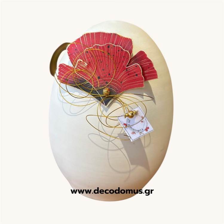 ΛΕΥΚΟ ΚΕΡΑΜΙΚΟ ΑΥΓΟ ΜΕ ΚΟΚΚΙΝΟ ΜΕΤΑΛΛΙΚΟ ΛΟΥΛΟΥΔΙ  SMALL Κεραμικό Φ0.08*Υ0.10