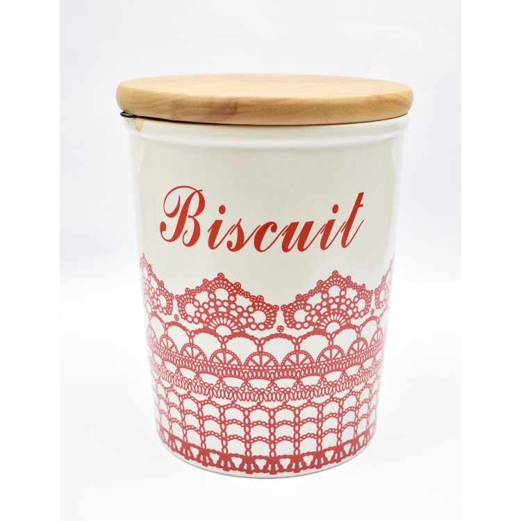 ΒΑΖΟ ΑΠΟΘΗΚΕΥΣΗΣ ΜΠΙΣΚΟΤΙΕΡΑ ΚΟΚΚΙΝΟ-ΛΕΥΚΟ ΜΕ ΞΥΛΙΝΟ ΚΑΠΑΚΙ Πορσελάνη Φ11,5*15,5Υ